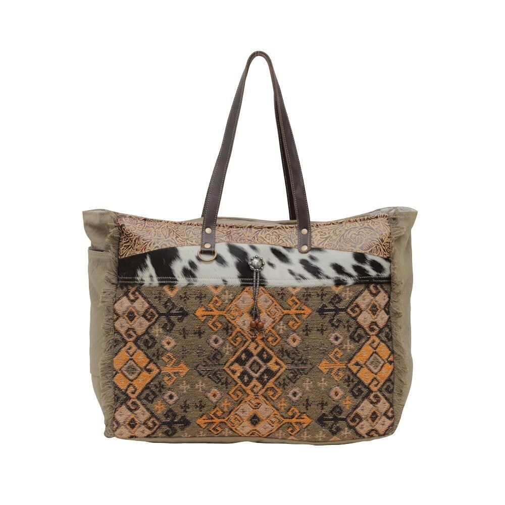 Myra Bag Handmade Parea Weekender Bag Upcycled Canvas & Cowhide Leather